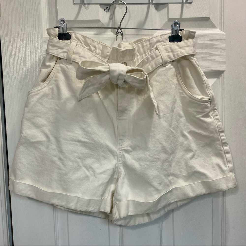 White Denim Paper-Bag Shorts